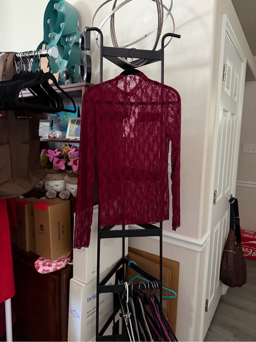 Sheer Lace Long Sleeve Top in Burgundy